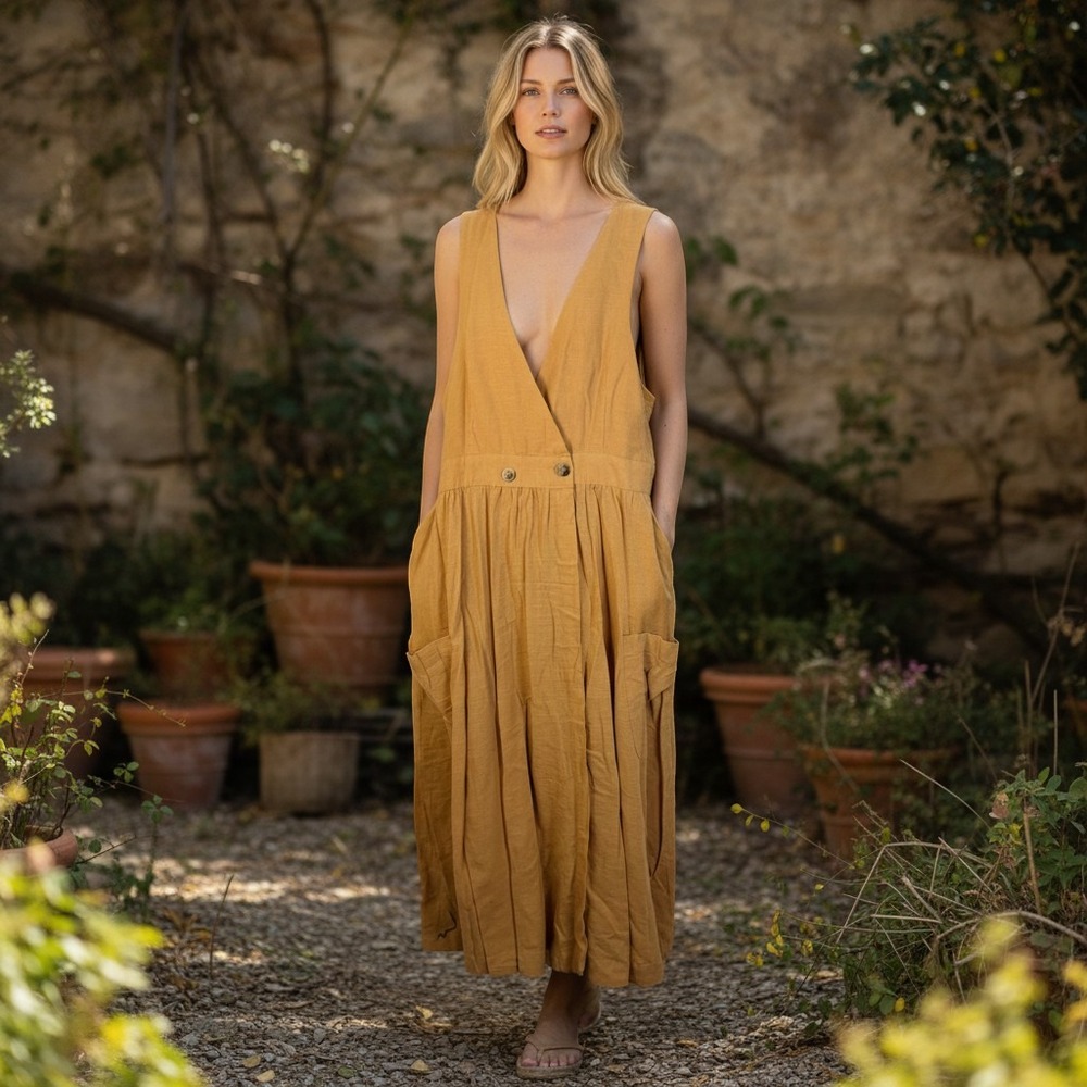 Free People Women L Yellow Cotton Midi Wrap Dress Boho Fall Chic Minimalist Sexy